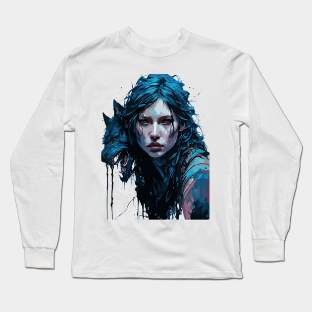 Werewolf Woman and Wolf - Ink and Watercolor Painting Long Sleeve T-Shirt by diegotorres
